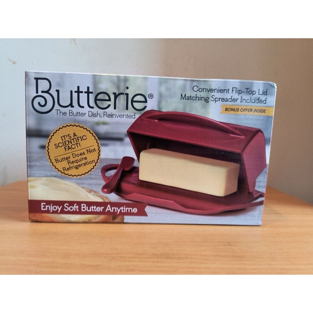 NEW Butterie Red Flip Top Lid Butter Dish With Spreader Countertop Soft Anytime